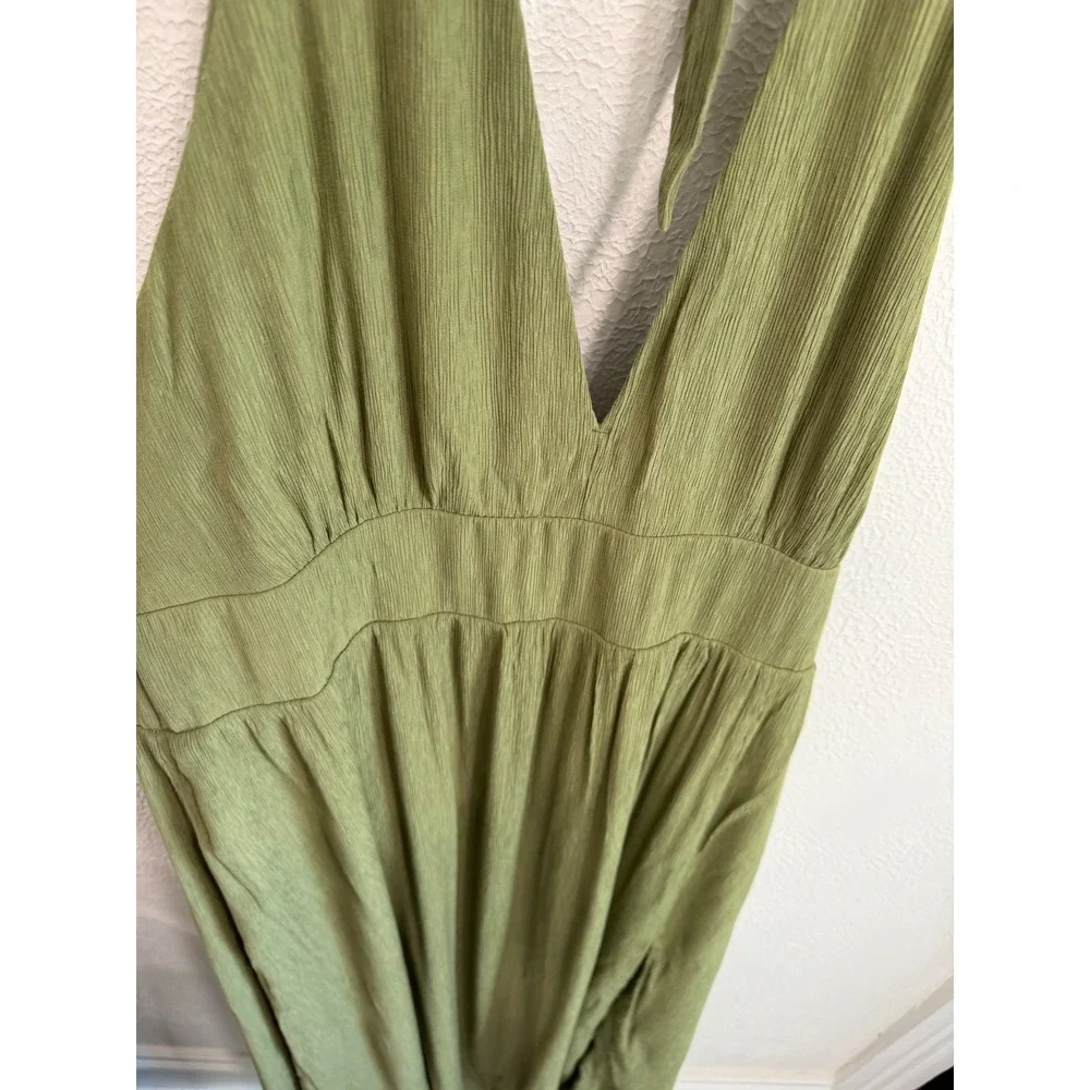 Abercrombie & Fitch Olive Green Halter Maxi Dress Textured V-Neck Slit XL Fall